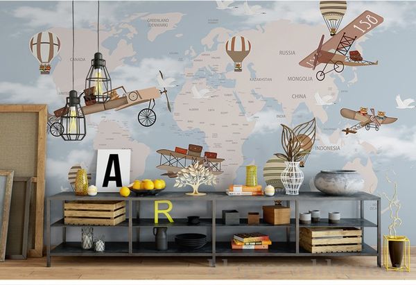 Acheter Bacaz Carte Du Monde Avion Ballon De Feu 3d Bande Dessinée Papier Peint Murale Pour Bébé Enfant Chambre 3d Mur Mural Mur Déco 3d Bande