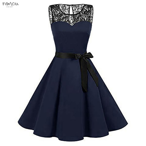 

Party Fashion Dresses Sleeveless Solid Lace Hepburn Vintage Swing High-Waist Pleated Dress Plus Size 4Xl Robe Femme Designer Clothes