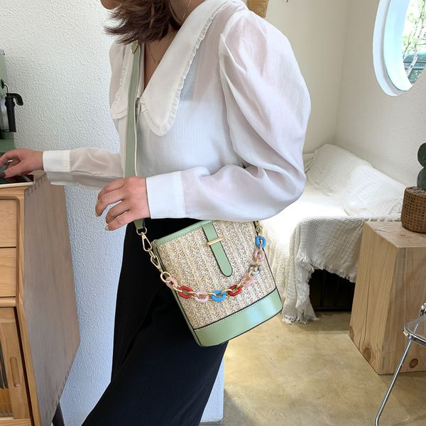 

summer fashion straw bucket bag 2020 women's handbag chain wide shoulder bag handbag single shoulder slant span women's