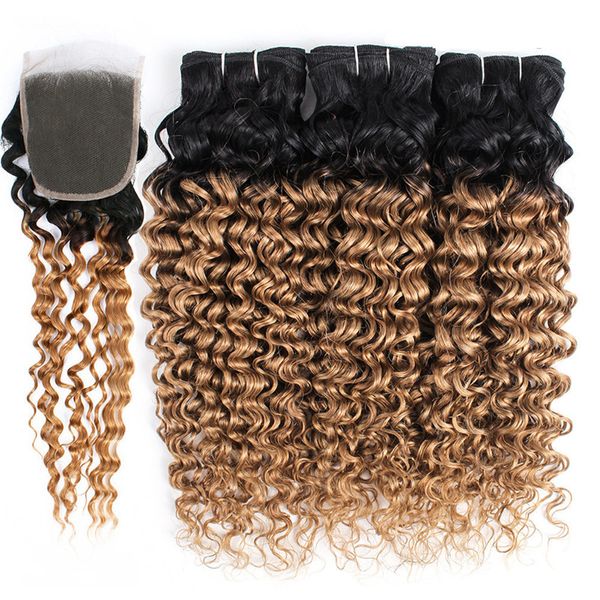 2019 Brown Blonde Dark Roots Deep Wave Ombre Bundles With Closure Two Tone 1b 27 Honey Blonde Lace Closure Deep Wvae Curly Hair From Ruma Hair