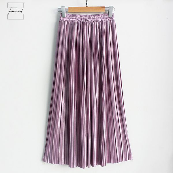 

pleated casual mid skirt long women skirt mid calf beach metallic vintage high waist maxi skirts midiskirt lavender, Black