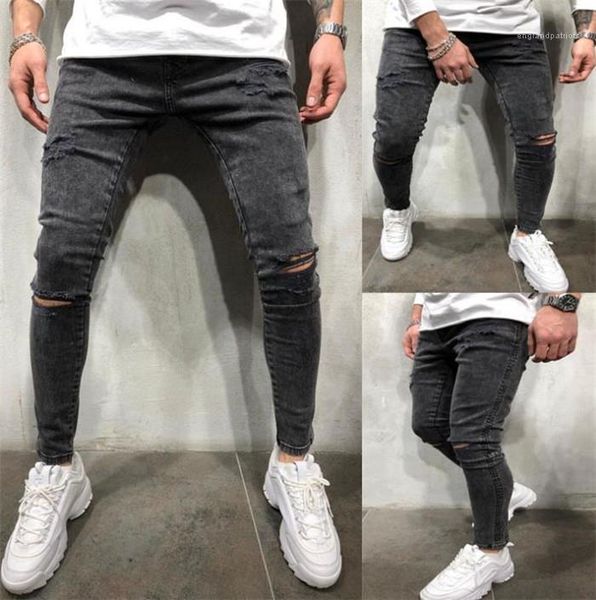 

spring summer designer slim pencil pants teenagers street style mid waist pant mens hole light washed jeans, Blue