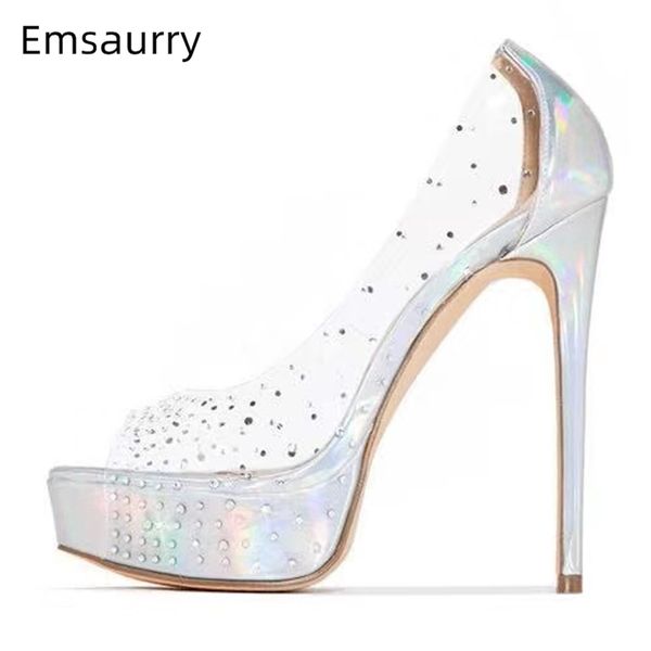 

transparent pvc peep toes party shoes woman stiletto heel diamond crystal rhinestone slim high platform women pumps, Black