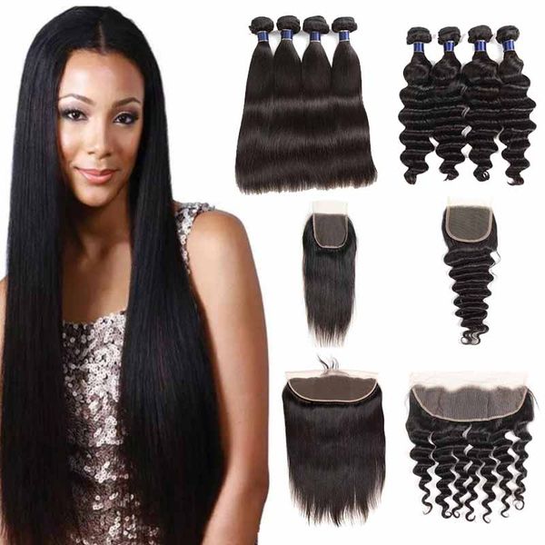 

бразильская малайзия straight сыпучие волна волос пучки с 4x4 lace закрытие бразильского виргинские человеческих волос с 13x4 кружева фронта, Black;brown