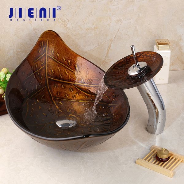 

jieni great golden leaf vessel washbasin tempered glass sink with brass faucet bathroom washbasin sink polished faucet mixer tap