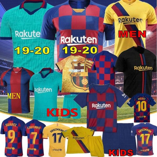 

19 20 barcelona jerseys 10 messi #17 griezmann home away 9 suárez piqué jerseys men kids football 2020 uniforms new, Black;yellow