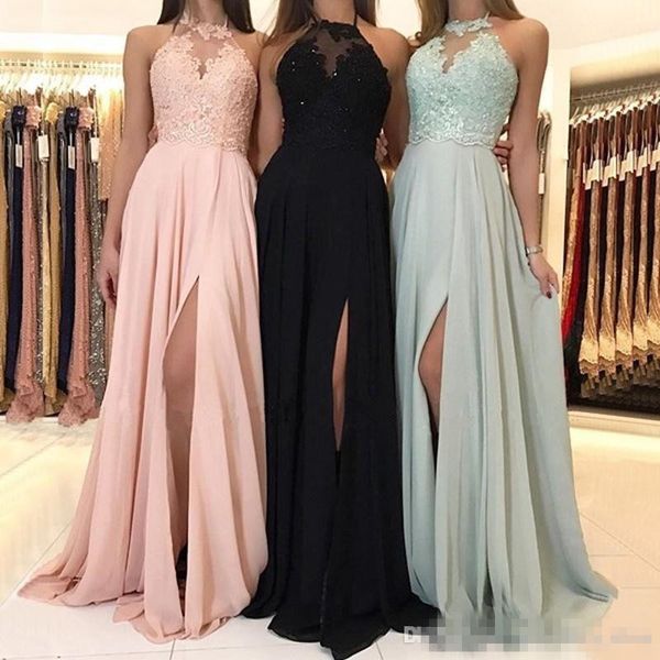 

2019 Chiffon Long Bridesmaid Dresses A-line Jewel Neck Halter Lace Applique Floor Length Draped Side Split Formal Evevning Gown Prom Dress