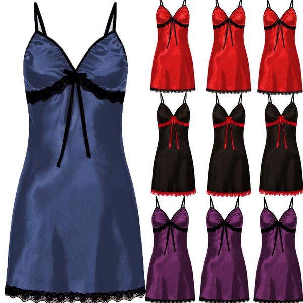 

2019 women bathrobes silk satin robe lace dress nightgown sleepwear pajamas lingerie female v-neck night dresses plus size, Black;red