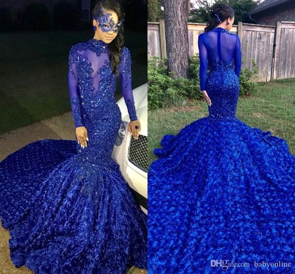 2021 Luxo Belo Royal Blue Sereia Prom Vestidos de Prom Train Flowers Appliques Lantejoulas Elegant Formal Evening Party Vestidos Personalizados