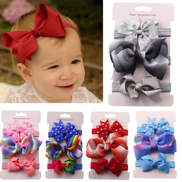 

3pcs kids elastic floral headband hair girls baby bowknot hairband set mixed color matching color bow baby girl hair band, Slivery;white
