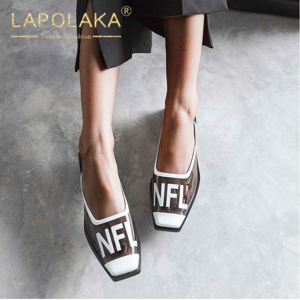 

lapolaka new arrivals 2019 cow leather square toe slippers woman shoes slip on square heels date women's shoes woman, Black