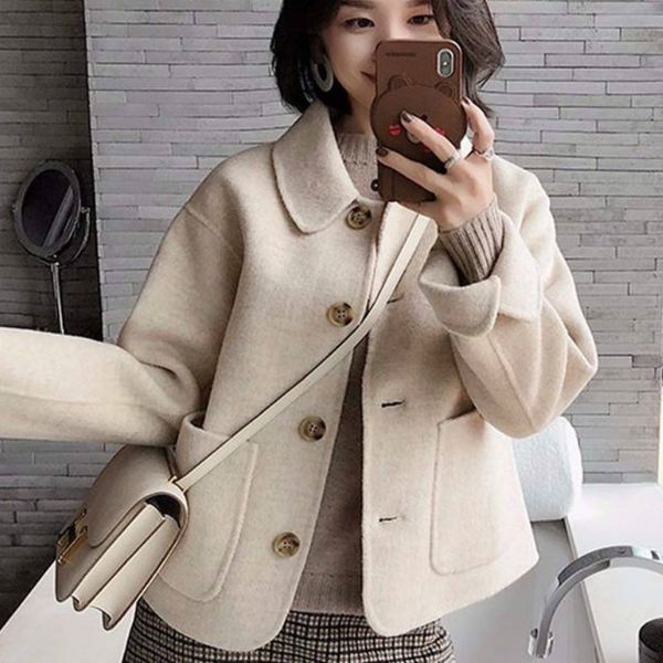 

women's wool & blends woman short solid woolen coat fashion autumn jacket, Black