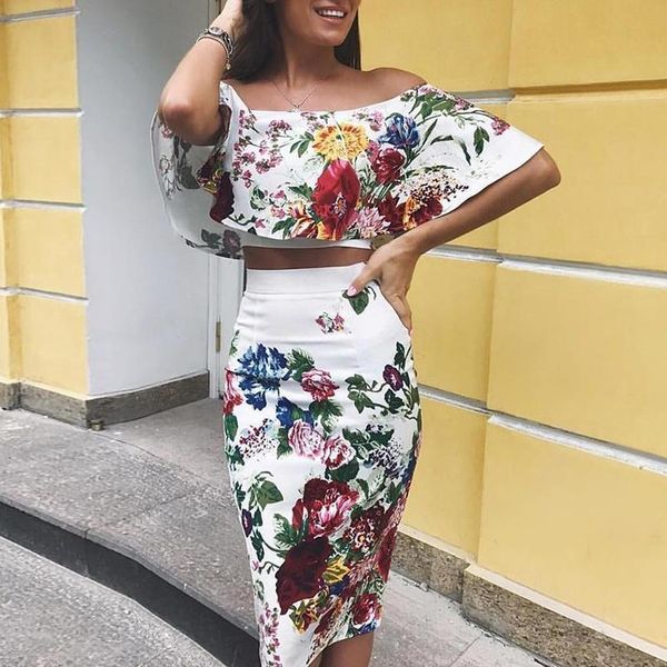 

summer off shoulder two piece set 2 piece set women crop skirts printed set elegant crop pencil skirt female, Gray