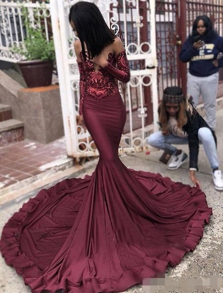 

2019 modest burgundy mermaid prom dresses sequins appliqued long sleeves sheer neck sweep train custom made african formal evening gowns, Black