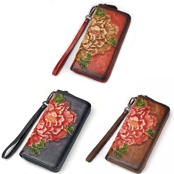 

women vintage flower leather clutch long zipper wallet lady stylish card money holder purse female phone pouch handbag coin bag, Red;black