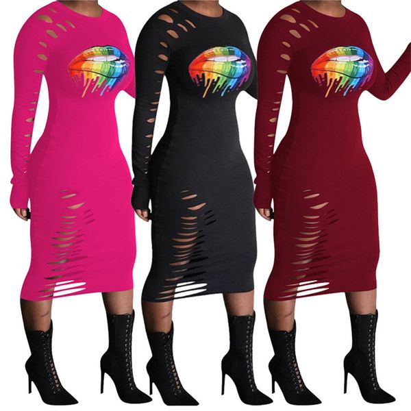 

2020 spring summer women dress rippled holes rainbow lip printed ladies dresses long sleeve dress casual female bodycon dresses e22611, Black;gray