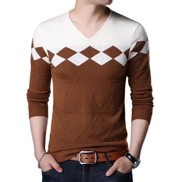 

chic men v neck long sleeve color block pullover knitwear elastic slim sweater men's pattern patchwork round collar warm knit, White;black