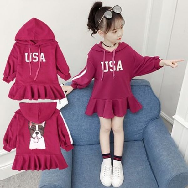 

big girls dress new spring autumn kids girls clothing usa letters printed hoodies dress children fashion casual dress 3-13t, Red;yellow
