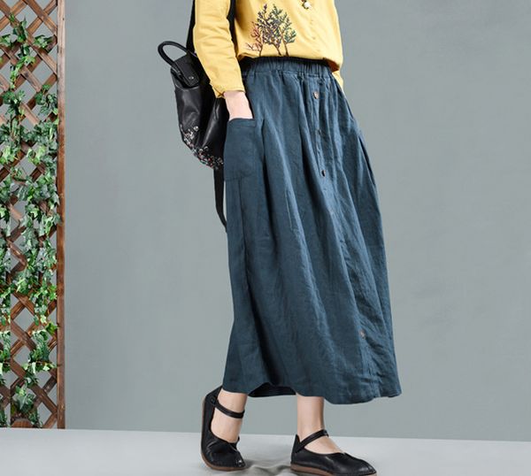 

spring skirt retro loose women elastic waist casual skirt new ladies 2019 solid color pocket button mori girl, Black