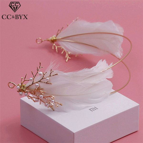 

cc&byx hair ornaments tiara glod color hairbands white feather crown women party engagement wedding hair accessories bridal 6596, Golden;white