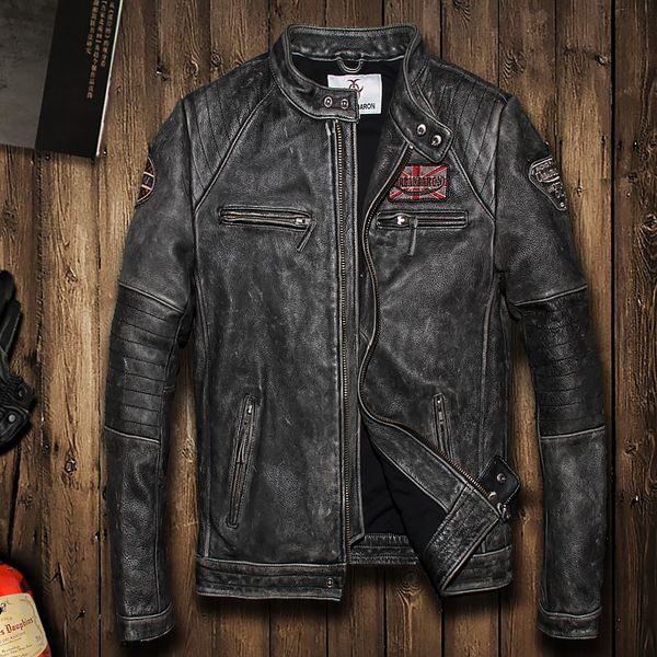 

2018 men's vintage black motorcycle genuine leather jacket slim fit real thick cowhide male short leather biker coats m-6xl