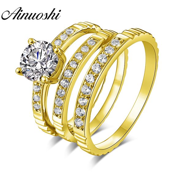 

ainuoshi solid gold trio rings real 14k yellow gold couple wedding ring set pave set band lover engagement wedding rings jewelry, Golden;silver