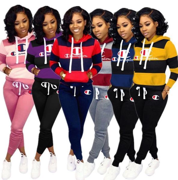 

embroidery champion striped patchwork tracksuits women s hoodies hooded pullover and pants two piece set sweatsuits winter sportswear 6056