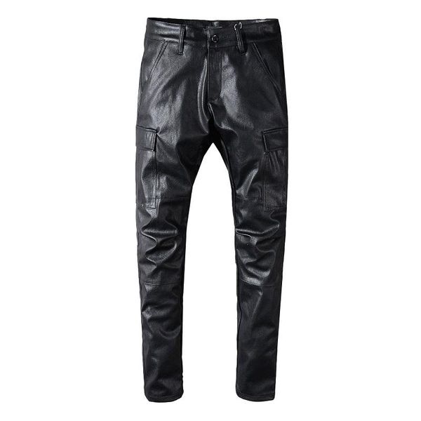 

famous brand mens designer pants mens hip hop pu leather straight pants jeans men women slim skinny pants trousers, Blue