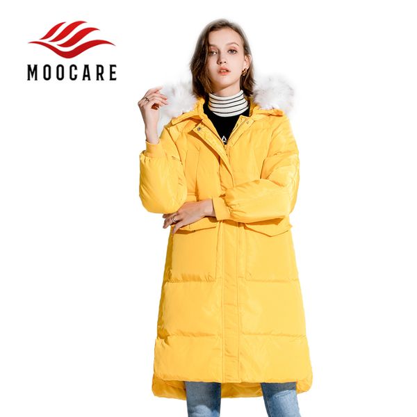 

asymmetric long length women hooded fur hat down parkas coat winter down clothes jacket (yellow/black