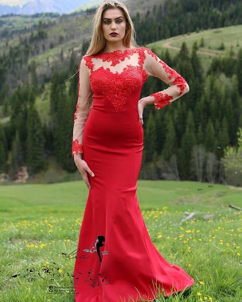 

red mermaid muslim long sleeve elegant formal dresses evening plus size 2019 new party prom red carpet celebrity dresses, Black;red