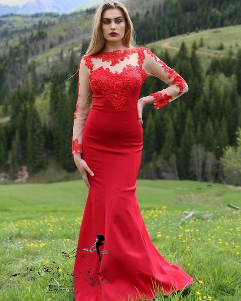 Abiti da cerimonia eleganti a maniche lunghe musulmane a sirena rossa da sera Plus Size 2019 Nuovi abiti da celebrità sul tappeto rosso da ballo sexy