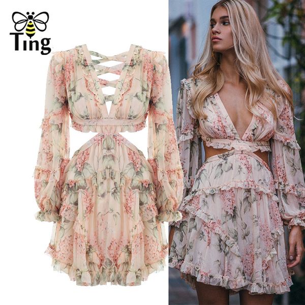 

Tingfly fa hion pink de igner runway dre women 039 hollow out ruffle floral print chiffon mini dre backle deep v neck y19012102