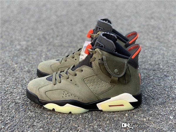 

authentic travis scott x air 6 cactus jack medium olive glow in the dark army green suede 3m retro basketball shoes cn1084-200 with box