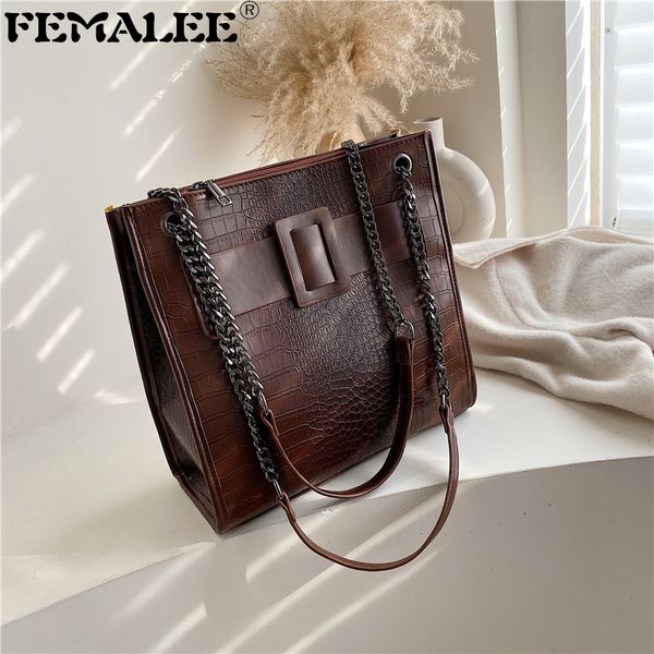 

large capacity crocodile embossed bag women one-shoulder bag ladies handbags chains female retro square buckle bags sac a main