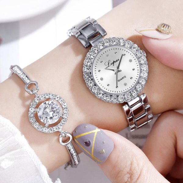 

women watch 2019 luxury crystal bracelet watches set female silver steel belt quartz watch bangle set for lady gift, Slivery;brown