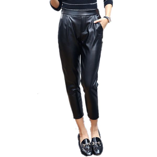 

высокая талия гетры повседневные брюки женщины сыпучие pu брюки высокой талией sweatpants весна голеностопного длина сыпучие гарем брюки жен, Black;white