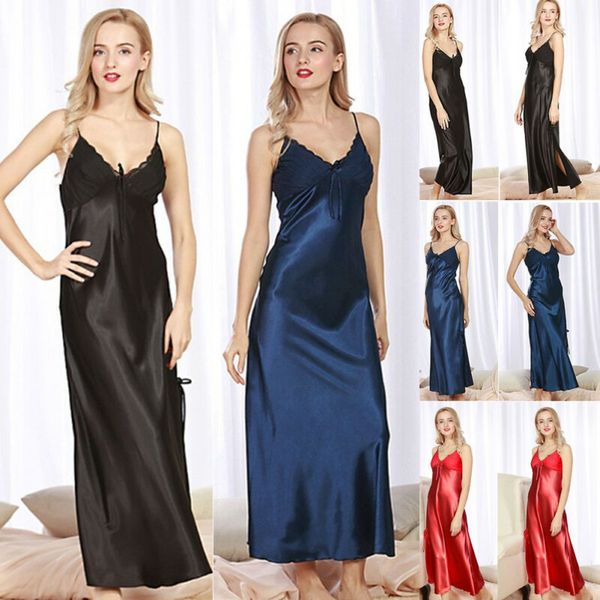 

women ladies satin long nightdress silk lace lingerie nightgown sleepwear, Black;red