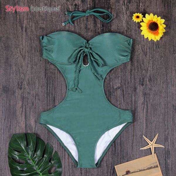 

green push up one piece swimsuit bandage monokini swimwear women swimming suit for women beachwear maillot de bain 2019, White;black