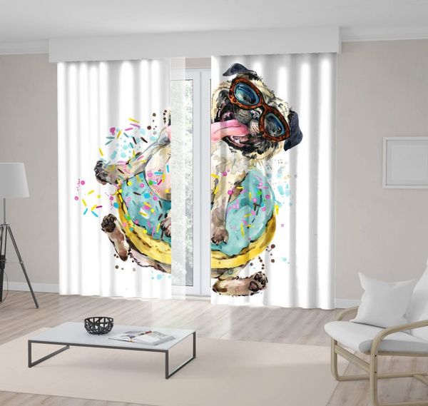 

happy little dog puppy with sunglasses fun cartoon watercolor iilustration beige yellow blue curtain