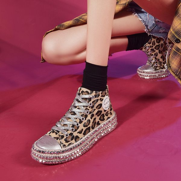 

new large size leopard high canvas shoes casual shoes flat women's shoes rhinestone rivets, Black