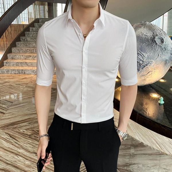 

british style summer office shirt men fashion 2020 half sleeve men work shirts slim fit business formal wear blouse homme 5xl, White;black