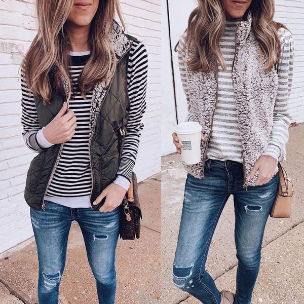 

women's vests two ways to wear zipper pockets women autumn winter casual plush vest cardigan female sleeveless warm jacket coat 4 colo, Black;white