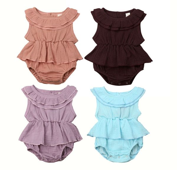 

pudcoco 2019 summer solid newborn baby girl summer clothes ruffle cotton odysuit dress collar ruffle outfits, White