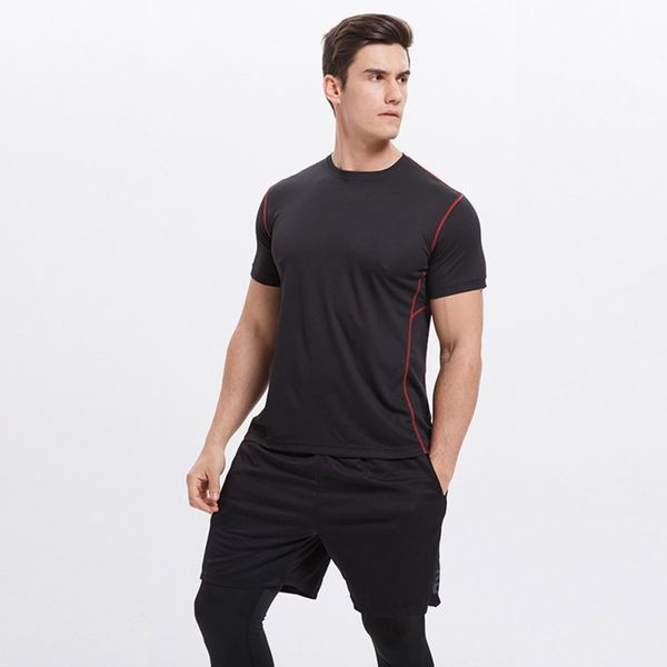 

men sports loose stretch t-shirt short sleeve breathable quick-drying for outdoor running gym fitness, Black;red