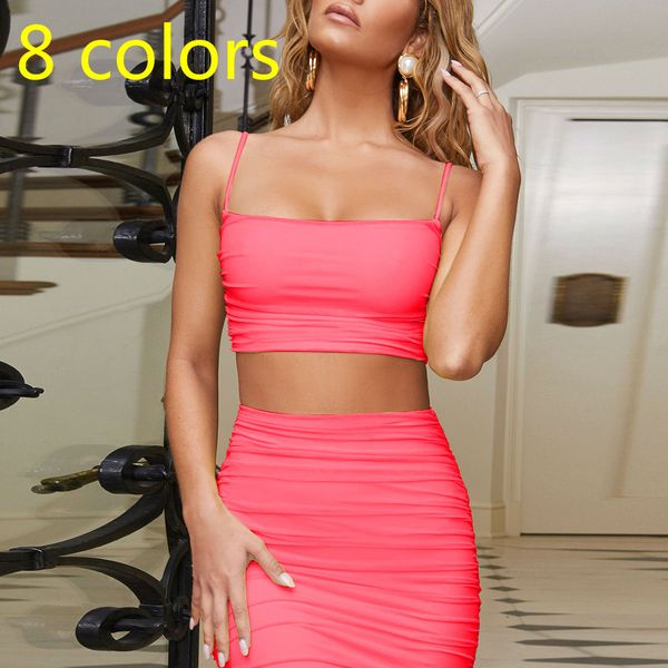 

womens designer dress lingeries set summer camisole pleated slim suspender skirt two-piece fashion club party dress 8 color, White