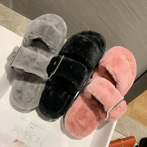 

nice new autumn women 5cm platform flip flops flat heels full of fur buckle shoes woman comfortable slippers for female jeans, Black