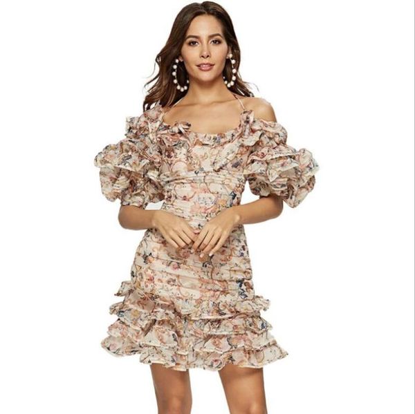 

halter off shoulder dress women lantern sleeve mini dress women irregular backless floral print 2020 cake p1408, White;black