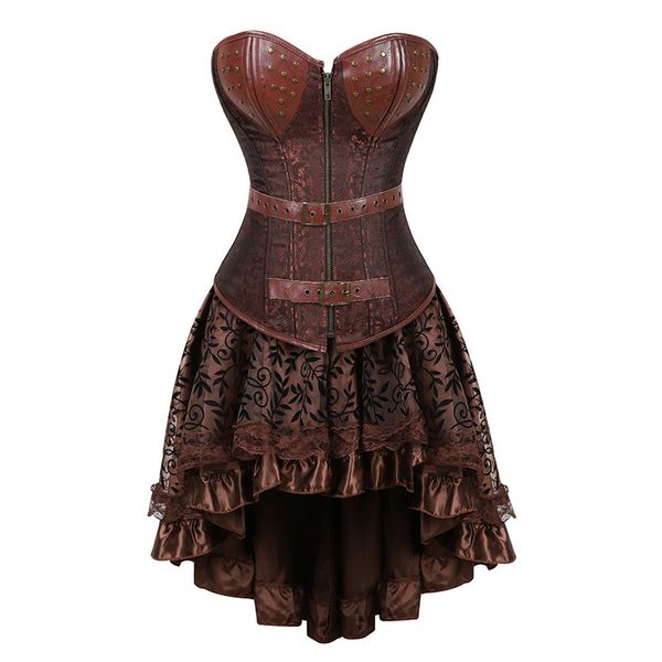 Top con corsetto sottoseno overbust marrone gotico da donna con gonna hi-lo in pizzo floreale floccato Set da 2 pezzi Cosplay di Halloween_voghion.com