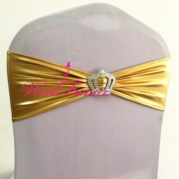 

100pcs shiny metallic gold spandex lycra chair sash bands with crown buckle bronzing banquet stretch chair bow ties for wedding