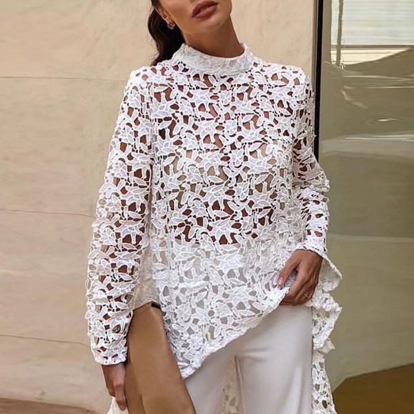 

designer blouse woman spring 2019 autumn women lace hollow out shirt irregular blouse loose flora printed minimalism blouse, White